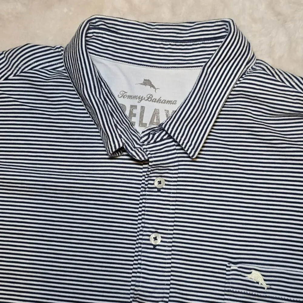 Tommy Bahama Relax Men’s Polo XL Blue White Stripe Cotton Marlin Logo Pocket